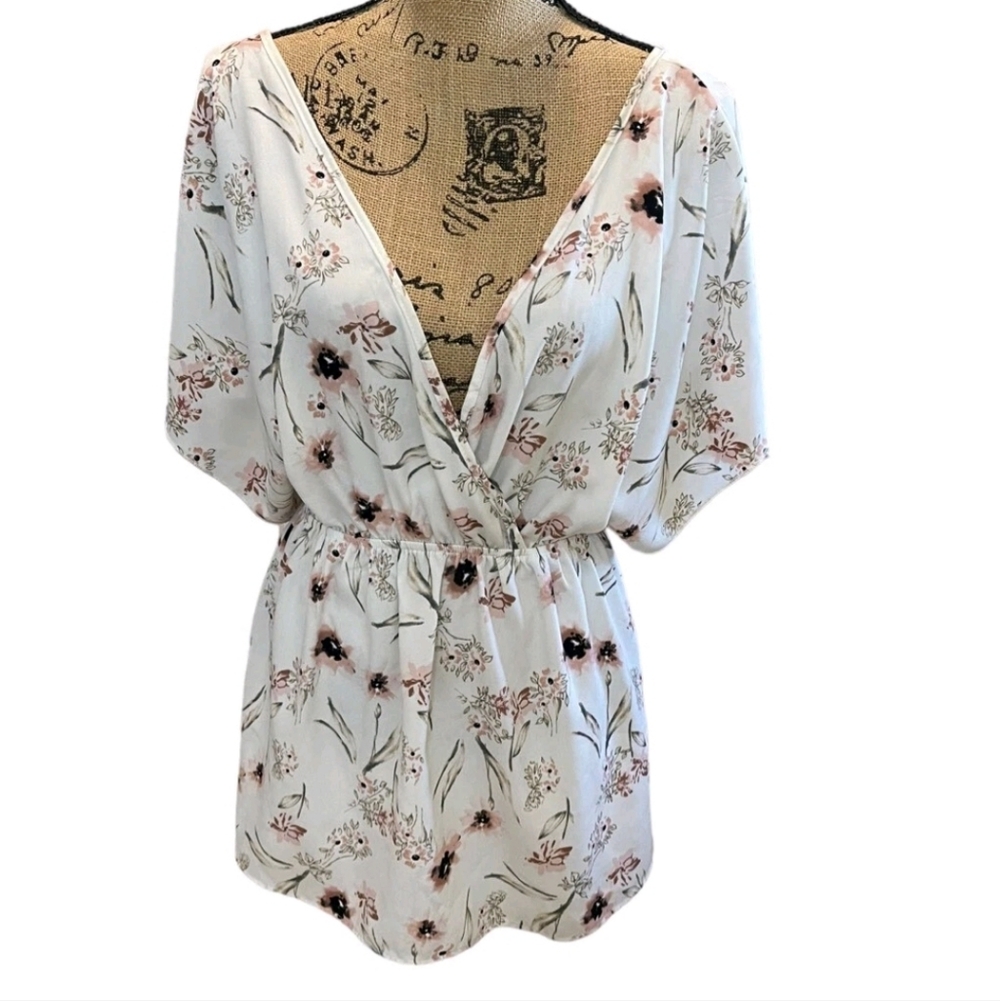Torrid Plunge Neck Blouse. White Sheer with Pink Floral Design. Torrid Sz. 2.